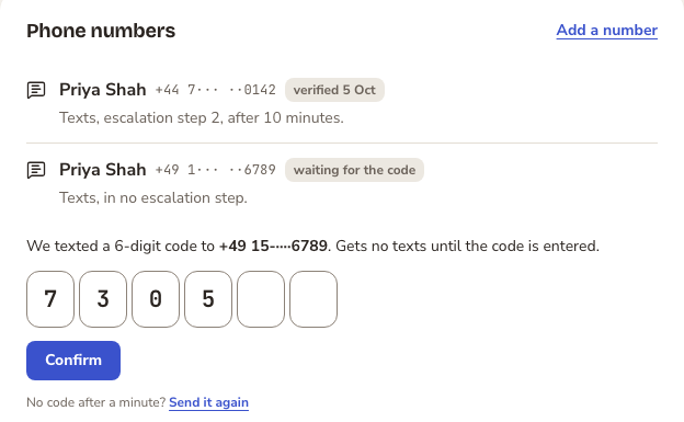 BadgerBell's Phone numbers list on the SMS and voice screen, with a new number marked waiting for the code and six boxes for the 6-digit code, 7305 typed so far.